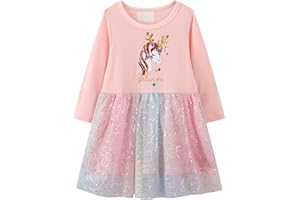 KFNIRE Kleid Mädchen Langarm Baumwolle Jersey A-Linie Freizeitkleidn Einhorn Kleider für Mädchen