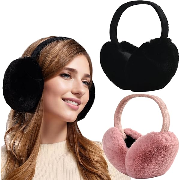 Protège-Oreilles En Fausse Fourrure Pour Femmes - 2 Pièces, Réglables, Pliables | Gris Et Noir, Pour Hiver, Ski, Randonnée