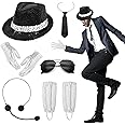 8 Pcs Michael Costume, 80s Dancer Rocker Star Cosplay Fancy Dress Accessories with Jazz Sequin Hat Glove Sock Tie Sunglasses Head Microphone, King of Pop for Adults Teenager Carnival 80 Theme Party