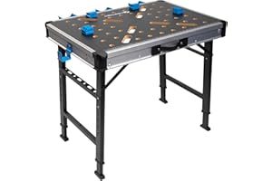 HÖGERT TECHNIK Folding Workshop Table 845 x 598 x 735 - 885 mm with MDF Board, 6-Way Height Adjustment, 3 Storage Boxes, 450 kg Load Capacity and Connection Accessories