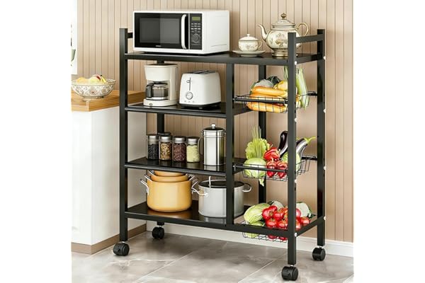 COMFYHOME Kitchen Organizer Rack Shelf with Wheels - Adjustable 4-Tier Microwave Stand with Storage Shelves, Storage Rack with 3 Wire Baskets, Microwave Stand, Metal Kitchen Cart for Pantry