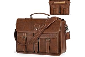 RAINSMORE Cartable Homme Sacoche Ordinateur 15.6 Pouces Sac Bandoulière Sac a Main Imperméable PU Cuir Artificiel Porte Document pour Affaires Collège Marron