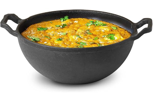 The Indus Valley Pre-Seasoned Cast Iron Kadai with Curved Handle Medium, 25cm/9.8inch, 3.2Ltr, 3.3kg Induction Friendly Naturally Nonstick Kadhai, 100% Pure & Toxin-Free, No Chemical Coating