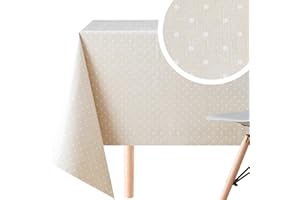KP HOME Tovaglia Plastificata Rettangolare 140x300 Tovaglia Plastica Elegante Retrò Pois Beige Crema Impermeabile Tovaglia PVC per Tavolo Cucina Tovaglia Cerata 300x140 10 Posti Tavolo da Giardino