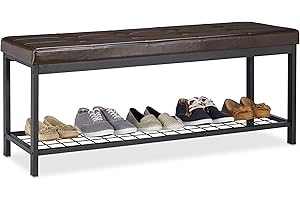 Relaxdays Banco Zapatero XXL, Metal-Piel sintética, Marrón, 49 x 115 x 40 cm, Gomaespuma