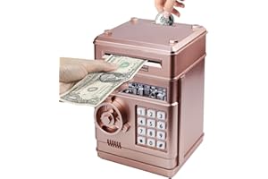 Vommery Hucha para niños de Juguete, Mini Caja Fuerte electrónica para cajero automático Bancos con Bloqueo de contraseña & Desplazamiento automático de Dinero para niños niñas (Oro-Rosa)