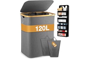 MC MICUS Cesto Ropa Sucia con Tapa 120L, XL, Estrecho, Pack Organizador de Puerta – Cesta Plegable con Asas para Baño, Cubo para Dormitorio, Lavandería, Baños, habitaciones, niños, Gris