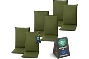‎PILLOWS24 Pillows24 - Hochlehner Auflagen 6er Set - 120x50cm – 8cm Dick - Premium-Material 200gsm, UV- & Wasserabweisend | Sitzauflagen Hochlehner | Sitzkissen Gartenstuhlauflagen für Gartenmöbel | Dunkelgrün
