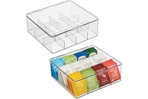 mDesign Organizer cucina – Contenitore in plastica per la cucina e la dispensa – Scatola con coperchio suddivisa in 12 scomparti per tè, caffè, spezie e altre provviste – Set da 2 – trasparente