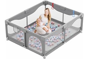Valquid Baby Playpen, 130X130cm Playpen for Baby and Toddlers with Suction Cups, Anti-Fall Fence Kids Activity Center with Breathable Mesh, Ideal for Indoor & Outdoor, Grey