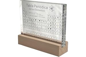 EDUCIENCE Tabla Periódica en Español (15x13x4) con Elementos Reales y Base de Madera con Luz Led - Póster Tabla de los Elementos con Resina Transparente traducida al Castellano - Regalo Química alumnos (12-M2)