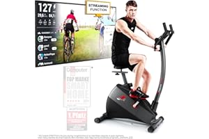 Sportstech ESX500 Bicicleta estática - Marca de Calidad Alemana - Vídeos en Directo y App multijugador + Pantalla de 5,5", Masa de Volante de 12KG, Compatible con pulsómetro - Correa silenciosa