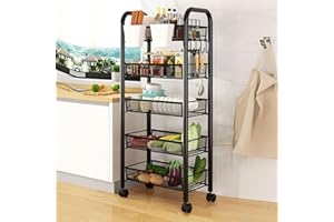 TEKRABEA 5 Tier Stackable Metal Mesh Vegetable Rack, Vegetable Storage Cart, 360 Degree Wheels, Fruit Basket, Kitchen Storage Rack, Fruit and Veg Storage Basket