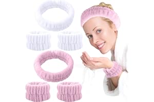 ZOCONE 6pcs Diademas Faciales Spa y Muñequeras, Diadema Maquillaje Suaves Bandas de Pelo para Maquillaje Cinta Pelo Mujer Muñequeras Skincare Elásticas Diadema Limpieza Facial (Blanco y Rosa)