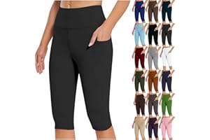 HOOUDO Knee Length Leggings for Women UK with Pockets Summer Short Leggings High Waisted Tummy Control Yoga Pants Cropped Capri Leggings Seamless Stretchy Sports Gym Running Bermuda Shorts
