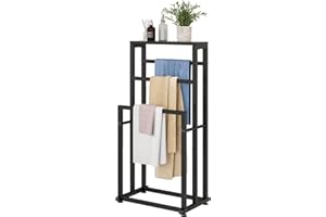 VERFARM Freistehender Handtuchhalter für Badezimmer, 3 Etagen, Metall, Deckenleiterhalter, Pool-Trocken- und Ausstellungsregal mit Ablage für Schlafzimmer, Wohnzimmer, Schwarz