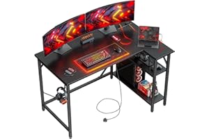 DOMSHOCT 120 * 70cm L Shaped Gaming Desk with Power Outlets, Small Corner Computer Table with Large Reversible Storage Shelves, Home Office PC Workstation with Hooks for Writing Study, Black