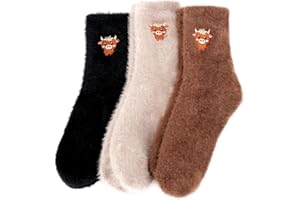 QBEJIME Highland Cow Gifts For Women, 3 Pairs Fluffy Socks Womens, Bed Socks, Winter Soft Fuzzy Thermal Socks For Women, For Christmas, Mother's Day Gifts For Ladies Home Sleep