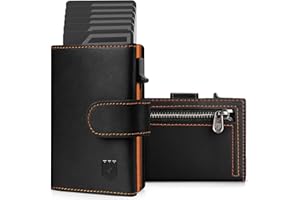 DODENSHA Portafoglio Uomo Piccolo con Porta Carte di Credito e Portamonete | Portafoglio Uomo Slim RFID | Scomparto per Contanti | Custodia in Metallo Pop-up per 8-10 Carte | Slot ID | NeroArancione
