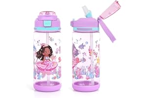 decalsweet Borraccia Bambini, 600 ml Borraccia con Cannuccia, Senza BPA, Borraccia Bambina per la Scuola e lo Sport, Borraccia Bambino a Prova di Perdite, Lavabile in Lavastoviglie (Sirena Viola)