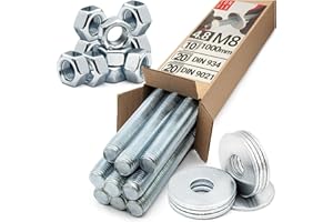 Set Barra Filettata M8 x 1000 mm 10 Pezzi Acciaio Zincato 4.8 DIN 976 con Dadi DIN 934 e Rondelle DIN 9021, Asta Filettata Metrica, Barre Filettate, Bulloni Filettati, Perni Filettati, Lun Fix