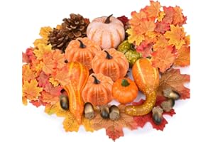 ‎HONGECB HONGECB 50 Stück Künstliche Kürbisse Herbst Herbst Dekorationen, Halloween Kürbis Deko Thanksgiving Dekoration Set, Mini Gefälschte Ernte Kürbisse, Gefälschte Kürbisse Ahornblatt Dekorations Set