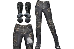 SHUOJIA Pantalones vaqueros de moto para mujer, pantalones vaqueros de camuflaje con malla transpirable y protectores extraíbles de cadera y rodilla (Green,S)