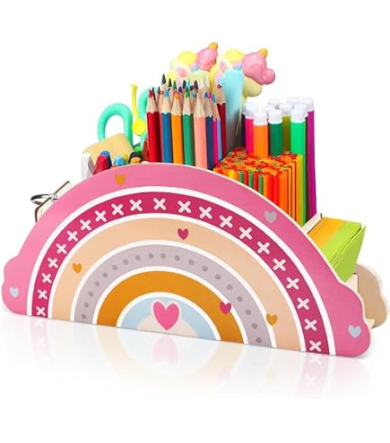 Portapenne In Legno Arcobaleno 5 Scomparti – Organizer Da Scrivania Per Bambini, Ufficio E Scuola