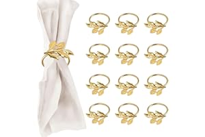 DIYJEP 12pcs Napkin Rings, Leaf Alloy Napkin Holder Set, Gold Napkin Rings Buckles, Exquisite Household Table Decoration for Christmas Birthday Thanksgiving Wedding Anniversary Festival Party (Gold)