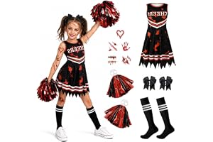 Hengrongshen Halloween cheerleader kostym barn, cheerleading kostym flicka med klänning, poms, strumpor, rosett hårnål och klistermärken, skräck cheerleader kostym barn för halloween (130)