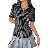 Aahwan White Solid Button-Down Striped Print Casual Short Sleeve Shirt for Women's & Girl's