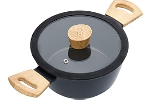 MasterChef Casseruola Antiaderente 20 cm, Pentola Induzione per Pasta, Agnelli, Polenta e altro, Crock Pot Alluminio con Manici Per Pentole in Legno, Antigraffio, Lavabile in Lavastoviglie, Nera