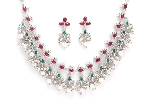 Zeneme Fashion Jewellery Antique Oxidised Silver Plated Tribal Red Green & White American Diamond Studded & Beaded Necklace W