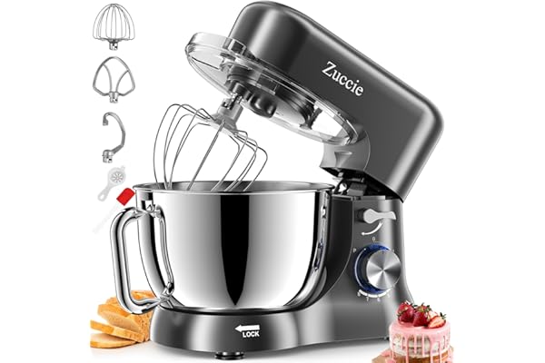 Robot Patissier, Zuccie 5 L Robot Pâtissier, 1000W Robot Cuisine avec Fouet, Batteur, Crochet, Bol d'Acier Inoxydable et Pare-éclaboussures, 8+P Vitesses Robot Pétrin Professionnel