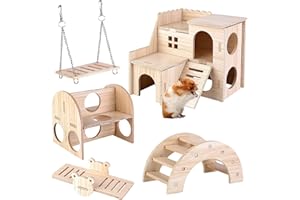 Runup 5 Piezas Hámster Juguete de Madera, DIY Hámster Casa de Madera, Puente Giratorio, Columpio, Hámster Hideout, Hámster, Ardilla, Chinchilla Accesorios de Juguete