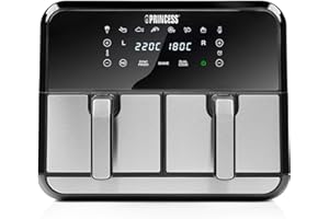 ‎PRINCESS Princess Heißluftfritteuse mit Doppelkammer mit 2x4L Fassungsvermögen – 62,2% weniger Energieverbrauch – separate Temperaturen für 2 Fächer – 8 Programme – 182074, 1700 Watt, 38.4 x 37.4 x 30.8 cm
