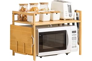 ‎VINTEKY Vinteky Mikrowellen Regal, Bamboo Mikrowellenständer Mikrowellenhalte mit Schneidebrettständer und 4 Hacken, Multifunktional Holz Mikrowellenhalterung für Küchen, 35cm*55cm*42cm