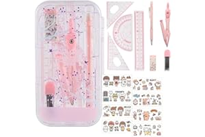 FRALNFIT 8 Pcs Math Geometry Set, Students Protractor & Compass Set with Ruler Eraser, Drawing Ruler Set with Durable Outer Box for School Mathematics Teaching & Learning, Kids Stationery Gifts