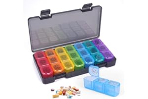 PEAKTOP Pudełko na tabletki 7 dni, 3 przegródki (rano/południe/wieczór), kolory tęczy, tygodniowe pudełko na tabletki, duża pojemność, podzielone pudełko na leki, 21 przegródek, pudełko na leki na witaminy i