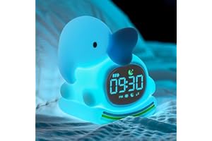 YILIAW Alarm Clock with Night Light for Kids, Sleep Training Clock with Sound Machine, Rechargeable Silicone OK to Wake Clock，Cute Animal Tabletop Lamp, Perfect Sleep Companion for Boys Girls, Blue Elephant