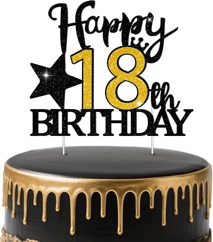 18. Geburtstag Tortenaufsatz – Schwarz-goldene Deko Für Kuchen, 22 Cm Groß, Aus Papier Und Bambus