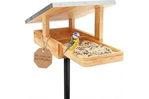SteadyNature I Vogelhaus mit Ständer wetterfest modern mit Futterschale und Erdspieß I offene Bauweise zur Vogelbeobachtung I Futterhaus für Vögel stehend aus Holz mit Blechdach – Vogelfutterstation