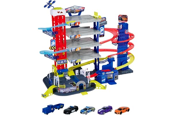 Majorette - Garage Super Chase Center - 112 x 84 x 70cm - 6 Niveaux de Jeu - 5 Voitures, 1 Train Inclus - Ascenseur Motorisé - Sons et Lumières - Dès 5 Ans - 212059984