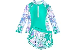 JiAmy Girl Swimsuits with Shorts, Two Piece Girls Swimming Costume,Long Sleeve Kids Swimwear Zip Rash Guard Bathing Suit 8-12 Years