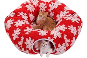 PAWZ Road Tunnel natalizio per gatti con letto per gatti da interni, 2 in 1, a forma di ciambella, sotto l'albero di Natale, tunnel giocattolo per gatti, con cuscino lavabile, per gattini, cuccioli e