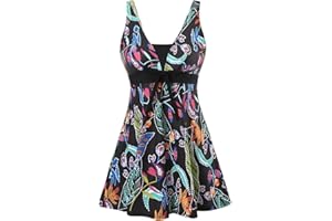 Sixyotie Womens One Piece Swimsuit Tummy Control Swimwear Floral Printed Swimming Costume with Skirts