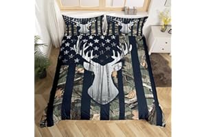 FEELINGYOU Camouflage Stripes Bettbezug 155 x 220 cm, grüner Camo, grauer Hirschgeweih- und Baumdruck, natürlicher Bettbezug für Mädchen, Teenager, silberne Sterne, ultraweiches Bettwäsche-Set mit 1 Kissenbezug