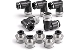Bwintech 10 piezas de tubo de 8 mm a rosca macho BSP de 3/8" recto y codo de 90 grados Push in Connect Racor neumático,PL8-03/PC8-03 Adaptador rápido para línea de aire