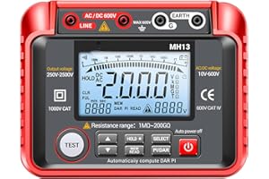 Mulcort MH13 - Tester di resistenza di isolamento digitale, 250 V-2500 V, 1 MΩ-200 GΩ, Megohm Test Meter Auto Range 2000 Counts LCD Display 10 V ~ 600 V AC/DC Voltmetro con 100 memoria dati