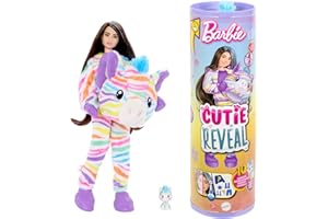 Barbie Barbie Cutie Reveal Poupée et accessoires avec costume zèbre multicolore en peluche et 10 surprises, dont le changement de couleur, série Rêve Coloré, HRK39